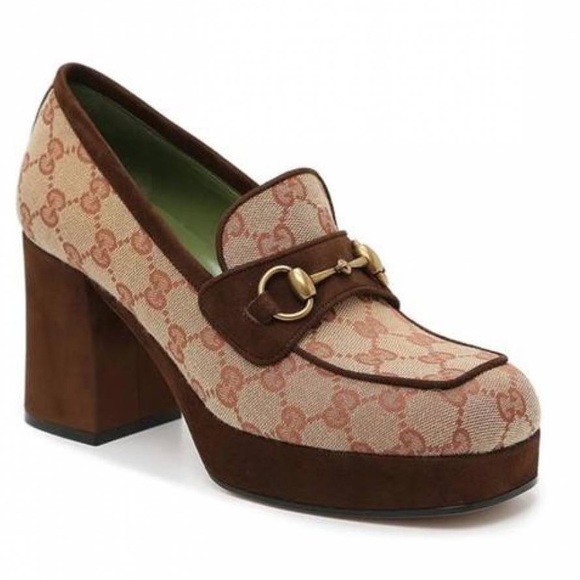 New GUCCI GG Monogram supreme Suede Houdan Mid Heel Platform Loafers - Picture 2 of 8